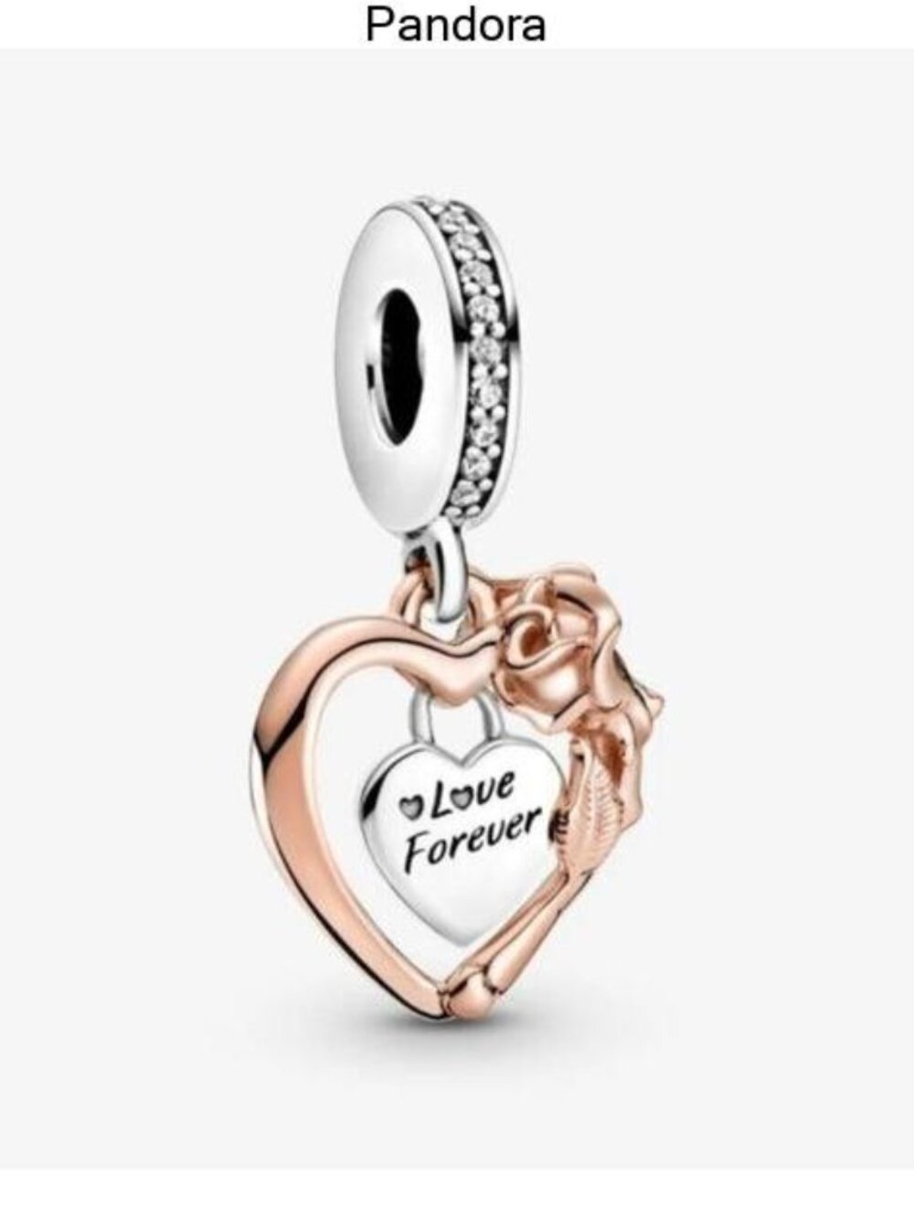 Pandora Rose Gold & Silver 'Love Forever' Heart Rose Dangle Charm